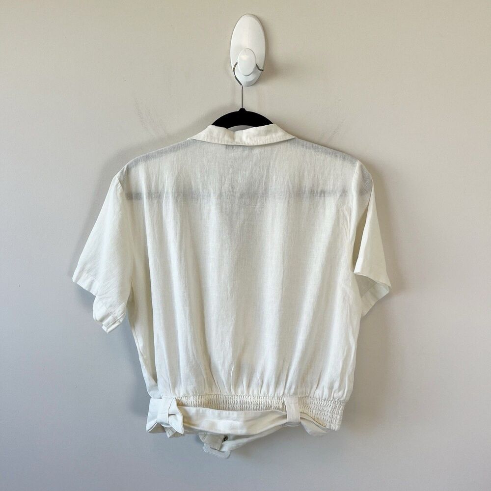 American Eagle Cropped Linen Blend Belted Surplice Blouse Top Cream Size Medium - Picture 4 of 12